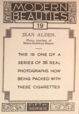 1938 British American Tobacco Modern Beauties 5th Series Extra Large #19 Jean Alden Back