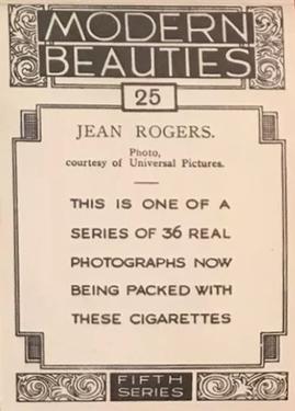 1938 British American Tobacco Modern Beauties 5th Series Extra Large #25 Jean Rogers Back