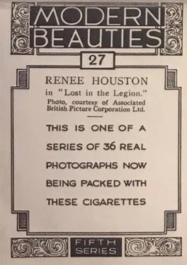 1938 British American Tobacco Modern Beauties 5th Series Extra Large #27 Renee Houston Back