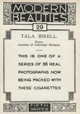 1938 British American Tobacco Modern Beauties 5th Series Extra Large #29 Tala Birell Back