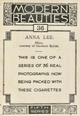 1938 British American Tobacco Modern Beauties 5th Series Extra Large #36 Anna Lee Back