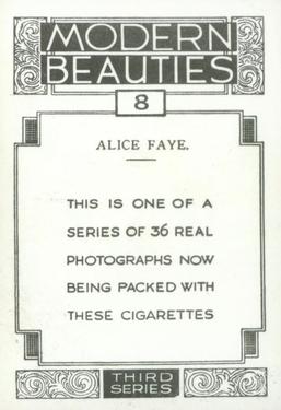 1938 British American Tobacco Modern Beauties 3rd Series Extra Large #8 Alice Faye Back