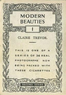 1938 British American Tobacco Modern Beauties 2nd Series Extra Large #1 Claire Trevor Back