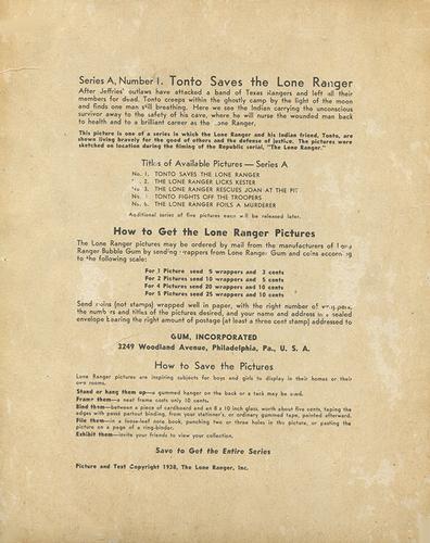 1940 Gum Inc. Lone Ranger Premiums (R83A) #1 Tonto Saves The Lone Ranger Back