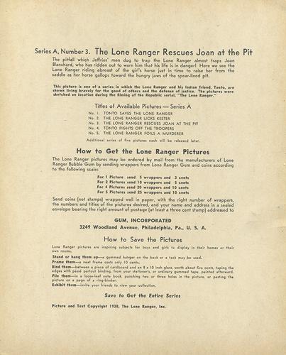 1940 Gum Inc. Lone Ranger Premiums (R83A) #3 The Lone Ranger Rescues Joan at the Pit Back