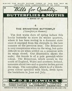 1938 Wills's Butterflies & Moths #4 Brimstone Butterfly Back