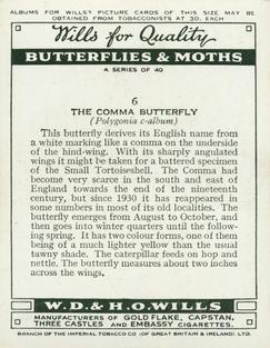 1938 Wills's Butterflies & Moths #6 Comma Butterfly Back