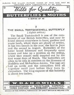 1938 Wills's Butterflies & Moths #7 Small Tortoiseshell Butterfly Back