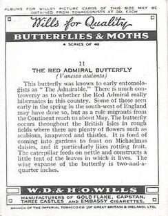 1938 Wills's Butterflies & Moths #11 Red Admiral Butterfly Back