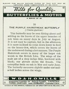 1938 Wills's Butterflies & Moths #16 Purple Hairstreak Butterfly Back