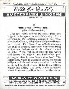 1938 Wills's Butterflies & Moths #22 Eyed Hawk-Moth Back