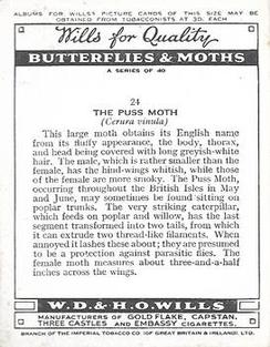 1938 Wills's Butterflies & Moths #24 Puss Moth Back