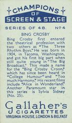 1934 Gallaher Champions of Screen and Stage #4 Bing Crosby Back