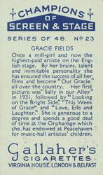 1934 Gallaher Champions of Screen and Stage #23 Gracie Fields Back
