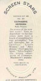 1936 Godfrey Phillips Screen Stars Embossed (Series A) #30 Katharine Hepburn Back