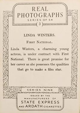 1939 Ardath Photocards Series 9 #3 Linda Winters Back