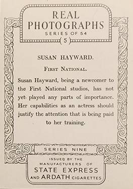 1939 Ardath Photocards Series 9 #5 Susan Hayward Back