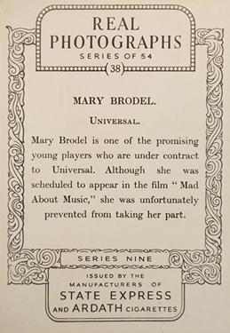 1939 Ardath Photocards Series 9 #38 Mary Brodel Back