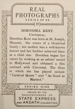 1939 Ardath Photocards Series 9 #39 Dorothea Kent Back