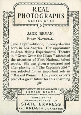 1938 Ardath Photocards Series 8 #6 Jane Bryan Back