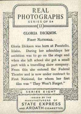 1938 Ardath Photocards Series 8 #13 Gloria Dickson Back