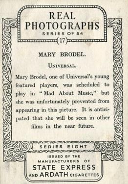 1938 Ardath Photocards Series 8 #17 Mary Brodel Back