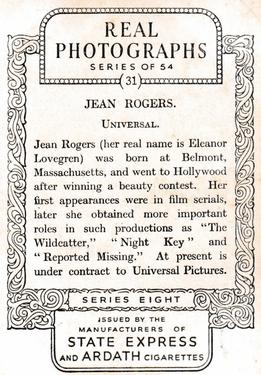 1938 Ardath Photocards Series 8 #31 Jean Rogers Back