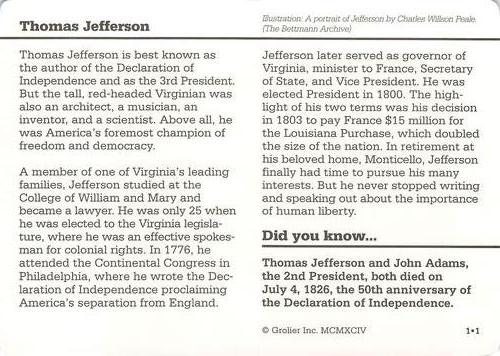 1994-01 Grolier Story of America Cards #1.1 Thomas Jefferson Back