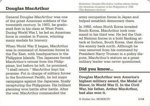 1994-01 Grolier Story of America #1.14 Douglas MacArthur Back