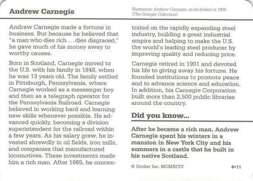 1994-01 Grolier Story of America #4.11 Andrew Carnegie Back