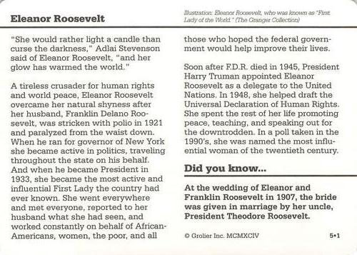 1994-01 Grolier Story of America Cards #5.1 Eleanor Roosevelt Back