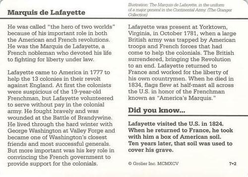 1994-01 Grolier Story of America Cards #7.2 Marquis de Lafayette Back