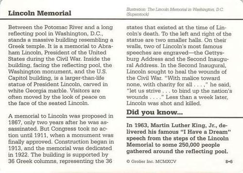 1994-01 Grolier Story of America #8.6 Lincoln Memorial Back