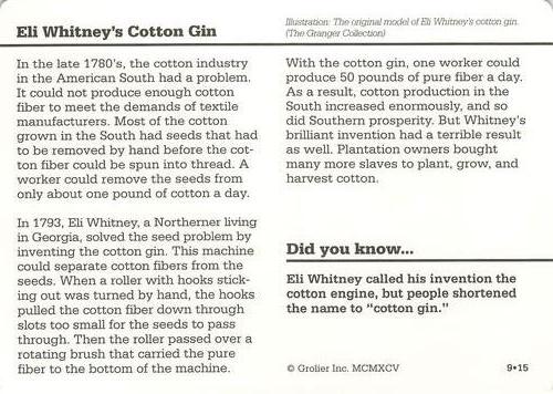 1994-01 Grolier Story of America #9.15 Eli Whitney's Cotton Gin Back