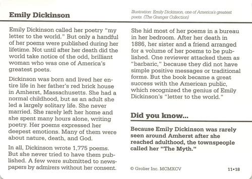 1994-01 Grolier Story of America Cards #11.18 Emily Dickinson Back