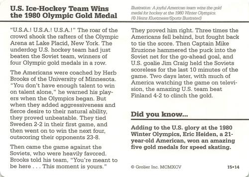 1994-01 Grolier Story of America Cards #15.14 U.S. Ice-Hockey Team Wins the 1980 Olympic Gold Medal Back