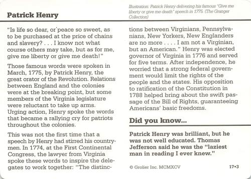1994-01 Grolier Story of America Cards #17.3 Patrick Henry Back