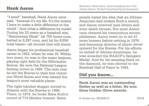 1994-01 Grolier Story of America Cards #17.11 Hank Aaron Back