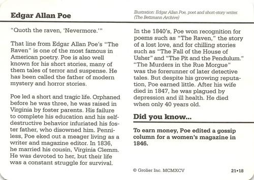 1994-01 Grolier Story of America Cards #21.18 Edgar Allan Poe Back