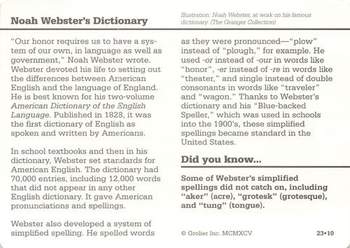 1994-01 Grolier Story of America Cards #23.10 Noah Webster's Dictionary Back