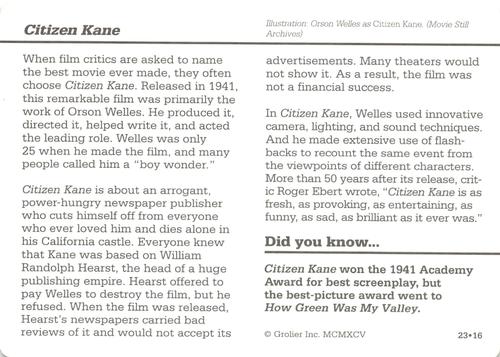 1994-01 Grolier Story of America Cards #23.16 Citizen Kane Back