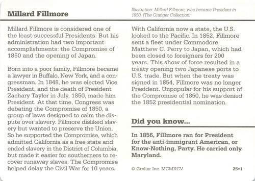 1994-01 Grolier Story of America Cards #25.1 Millard Fillmore Back