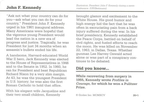 1994-01 Grolier Story of America #26.1 John F. Kennedy Back