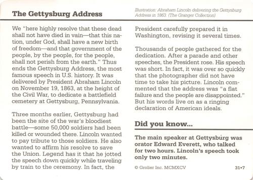1994-01 Grolier Story of America Cards #31.7 The Gettysburg Address Back