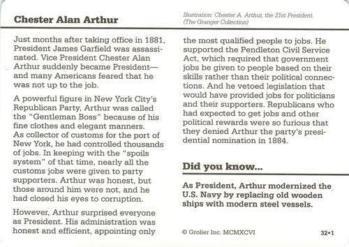 1994-01 Grolier Story of America Cards #32.1 Chester Alan Arthur Back