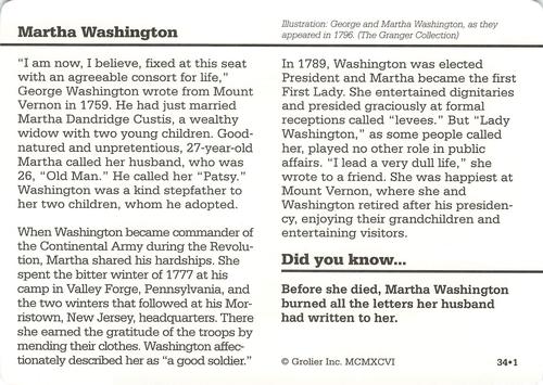 1994-01 Grolier Story of America Cards #34.1 Martha Washington Back