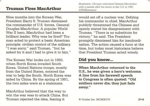 1994-01 Grolier Story of America Cards #37.9 Truman Fires MacArthur Back