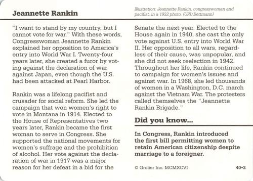 1994-01 Grolier Story of America Cards #40.2 Jeannette Rankin Back