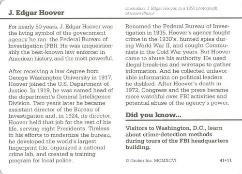 1994-01 Grolier Story of America #41.11 J. Edgar Hoover Back