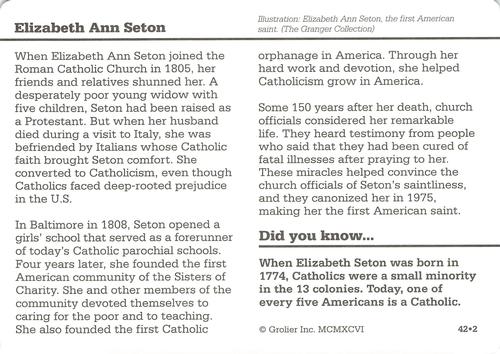 1994-01 Grolier Story of America Cards #42.2 Elizabeth Ann Seton Back